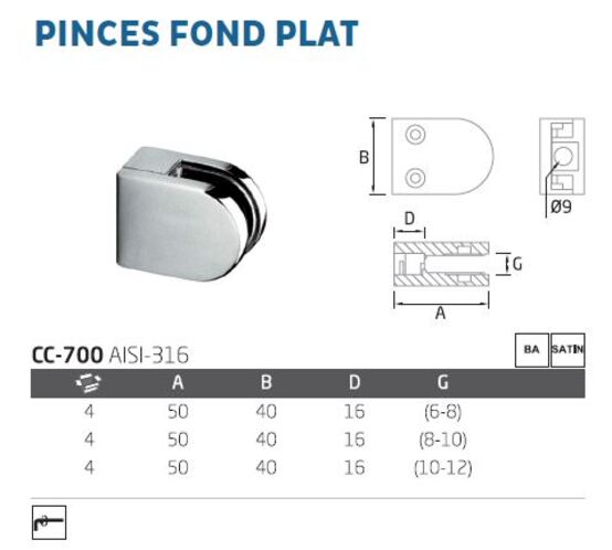 Pince vitrage 8/10mm fond plat inox 316