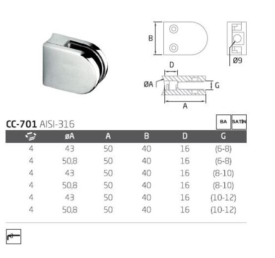 Pince vitrage 8/10mm pour tube Ø42,4-43 inox 316