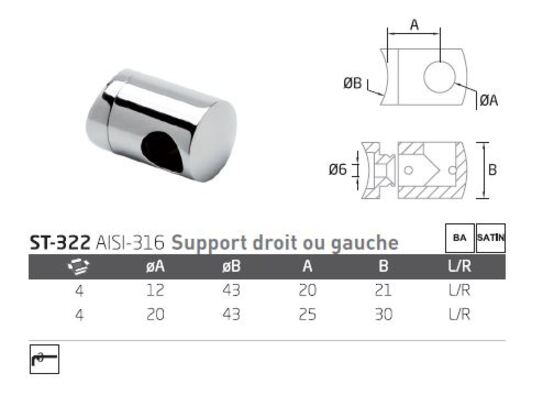 Support depart droit ou gauche pour tube Ø12 inox 316